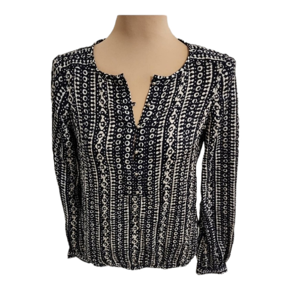 Tory Burch long sleeve navy and white button up patterned blouse silk size 2